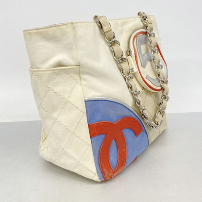 Chanel Chain Tote Bag Canvas White Blue Silver — view 2