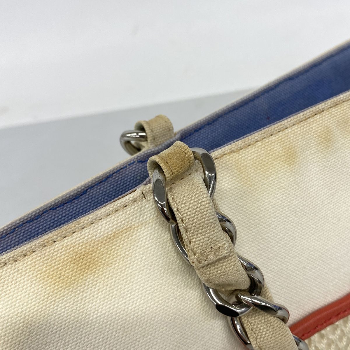 Chanel Chain Tote Bag Canvas White Blue Silver — view 8