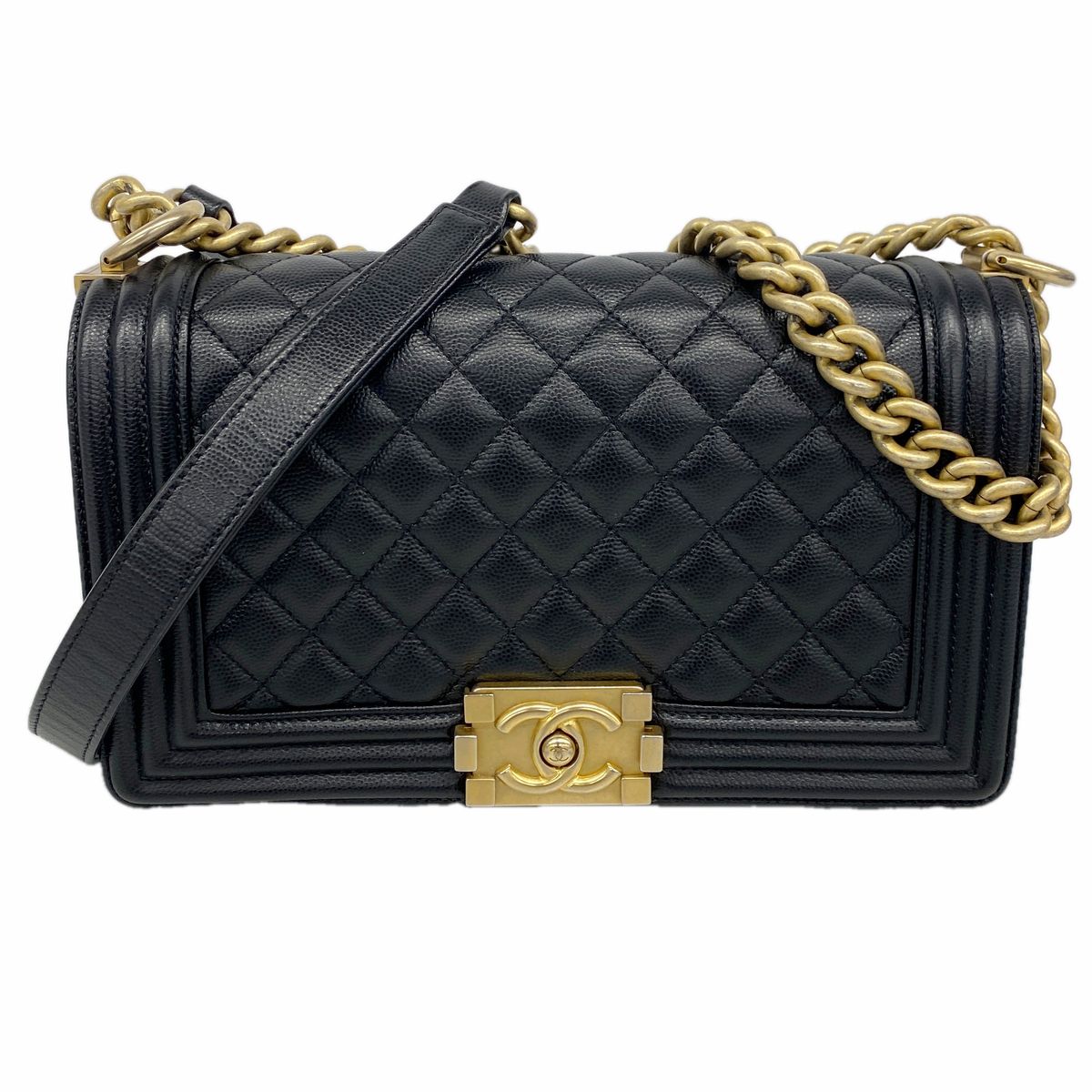 Chanel Shoulder Bag Boy Caviar Leather Black Champagne Gold