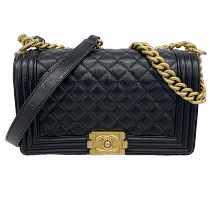 Chanel Shoulder Bag Boy Caviar Leather Black Champagne Gold