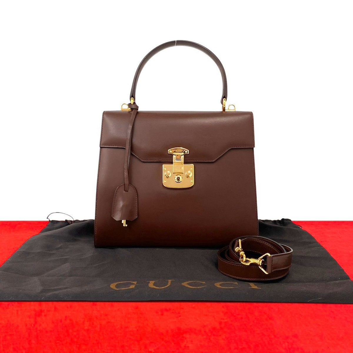 Gucci Vintage Ladylock Logo Leather 2-Way Shoulder Bag Brown