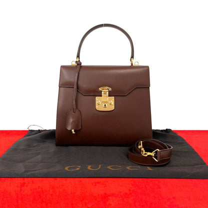 Gucci Vintage Ladylock Logo Leather 2-Way Shoulder Bag Brown