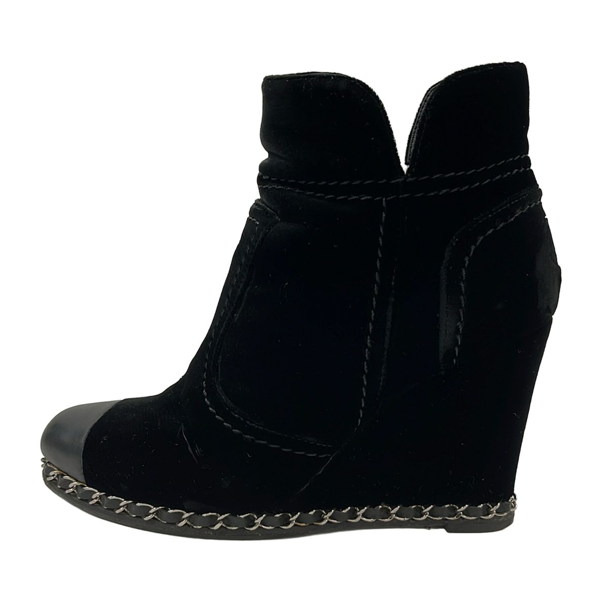 Chanel Short Boots Black Chain Wedge Sole Lambskin