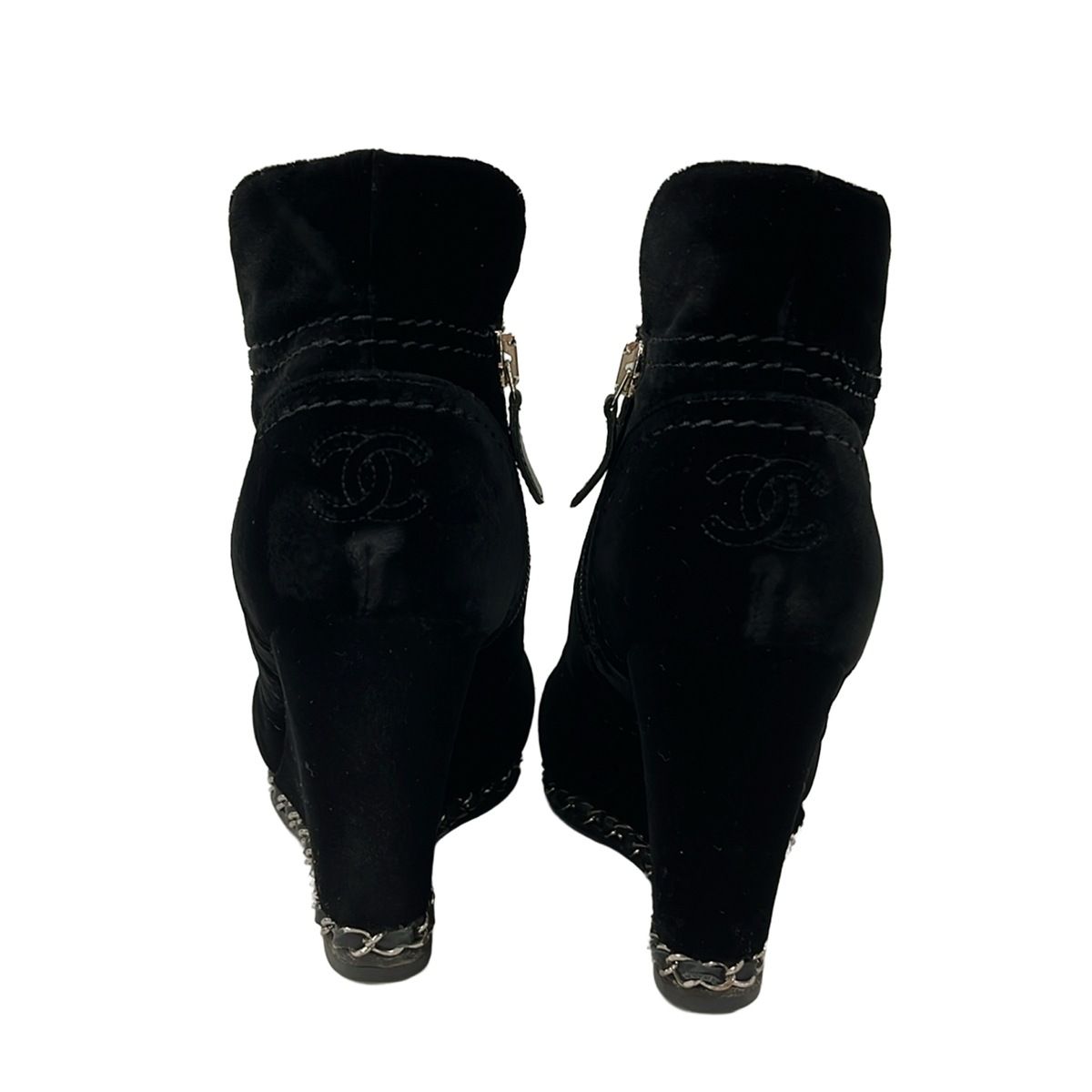 Chanel Short Boots Black Chain Wedge Sole Lambskin — view 3