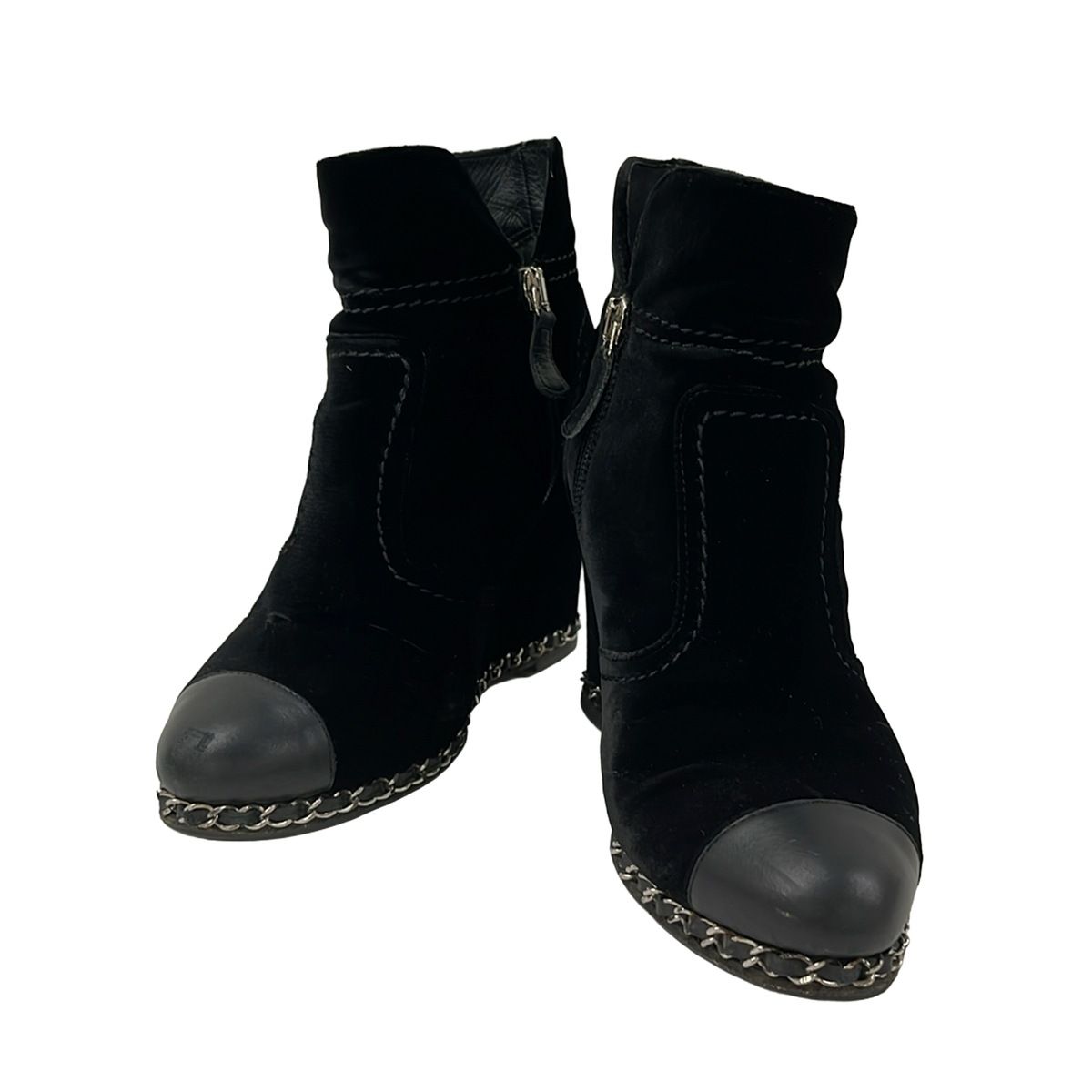 Chanel Short Boots Black Chain Wedge Sole Lambskin — view 2