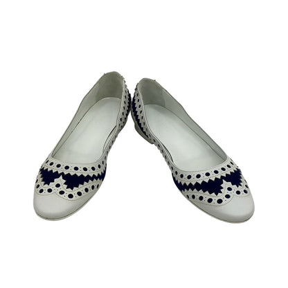 Hermes Flat Shoes White Navy Perforated Cotton Leather — view 2