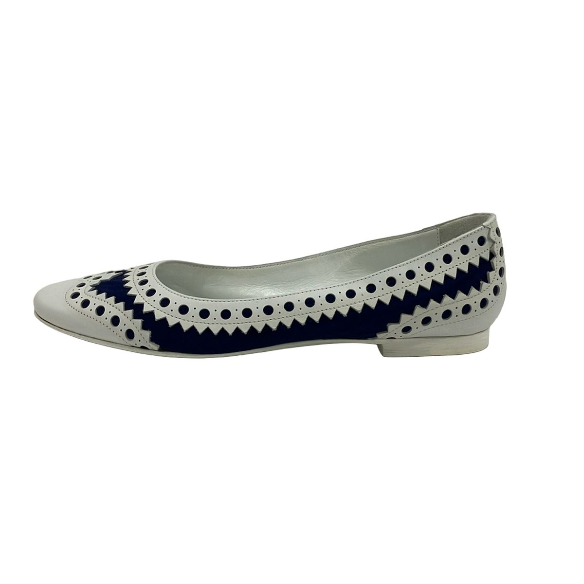 Hermes Flat Shoes White Navy Perforated Cotton Leather