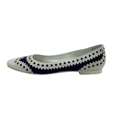 Hermes Flat Shoes White Navy Perforated Cotton Leather