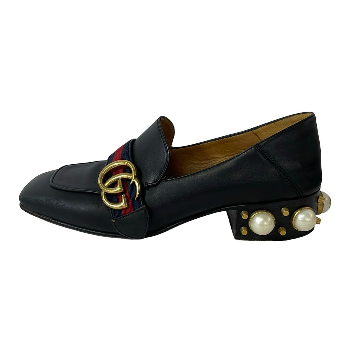 Gucci Loafers Black Dark Navy Red Double G Studs Pearl Leather
