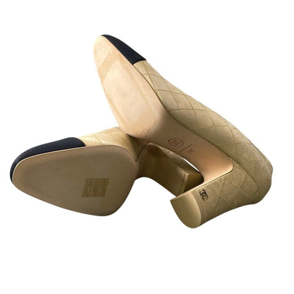 Chanel G1 Gold Rhinestone Quilted Chunky Heel Bicolor Pumps Beige — view 6