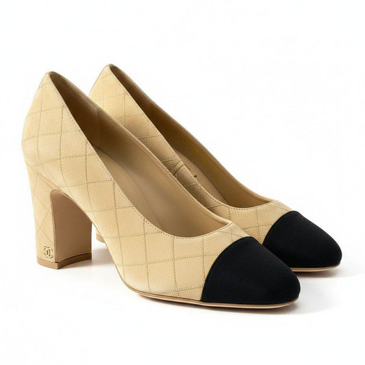 Chanel G1 Gold Rhinestone Quilted Chunky Heel Bicolor Pumps Beige