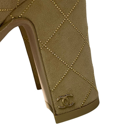Chanel G1 Gold Rhinestone Quilted Chunky Heel Bicolor Pumps Beige — view 8
