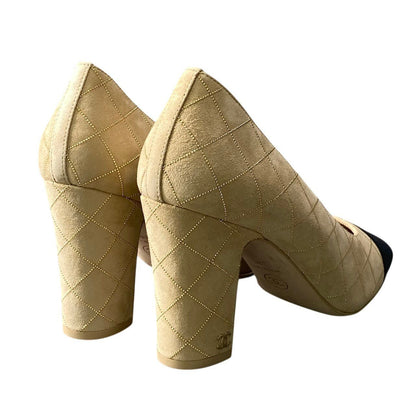 Chanel G1 Gold Rhinestone Quilted Chunky Heel Bicolor Pumps Beige — view 4