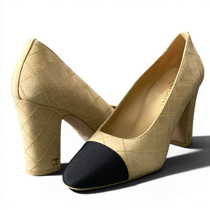 Chanel G1 Gold Rhinestone Quilted Chunky Heel Bicolor Pumps Beige — view 2