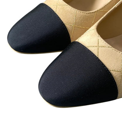 Chanel G1 Gold Rhinestone Quilted Chunky Heel Bicolor Pumps Beige — view 7