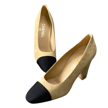 Chanel G1 Gold Rhinestone Quilted Chunky Heel Bicolor Pumps Beige — view 5