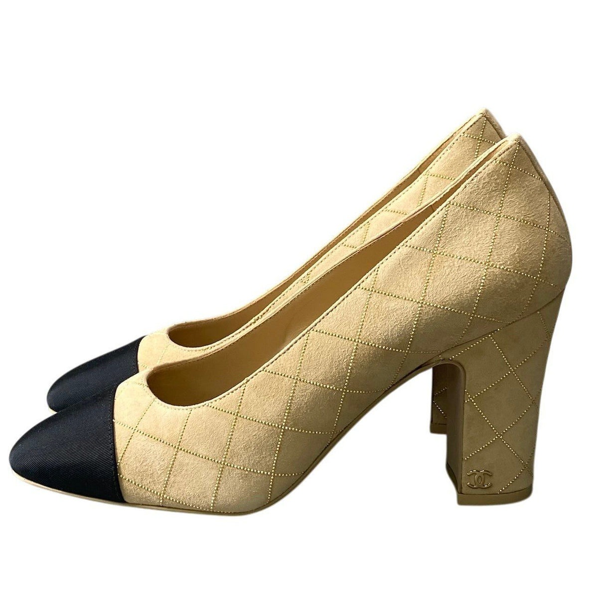 Chanel G1 Gold Rhinestone Quilted Chunky Heel Bicolor Pumps Beige — view 3