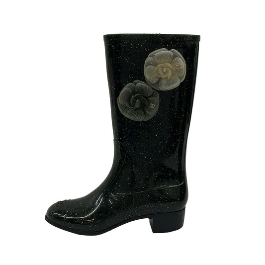 Chanel Rain Boots Black Camellia