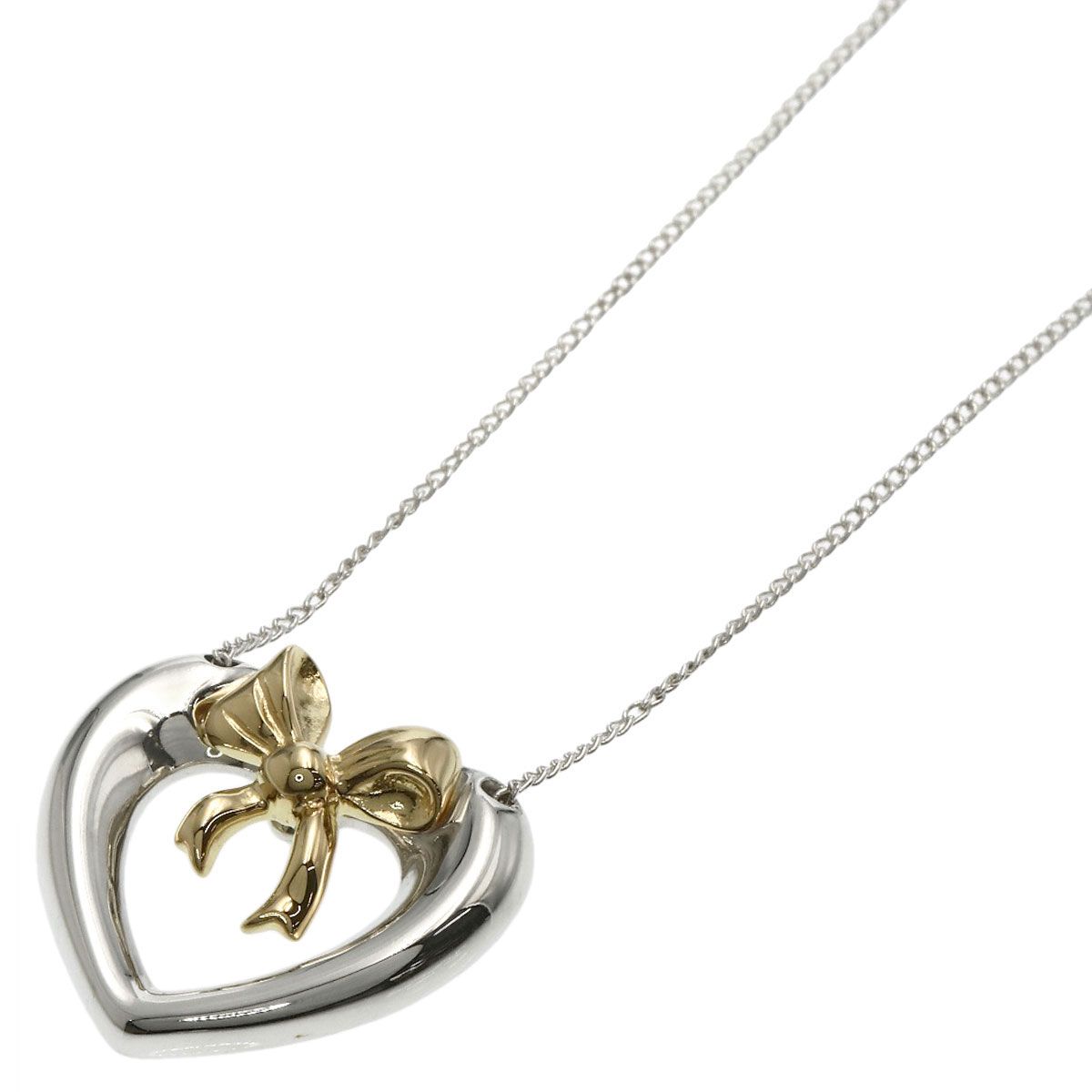 Tiffany & Co Heart Ribbon Necklace Silver 18k Yellow Gold