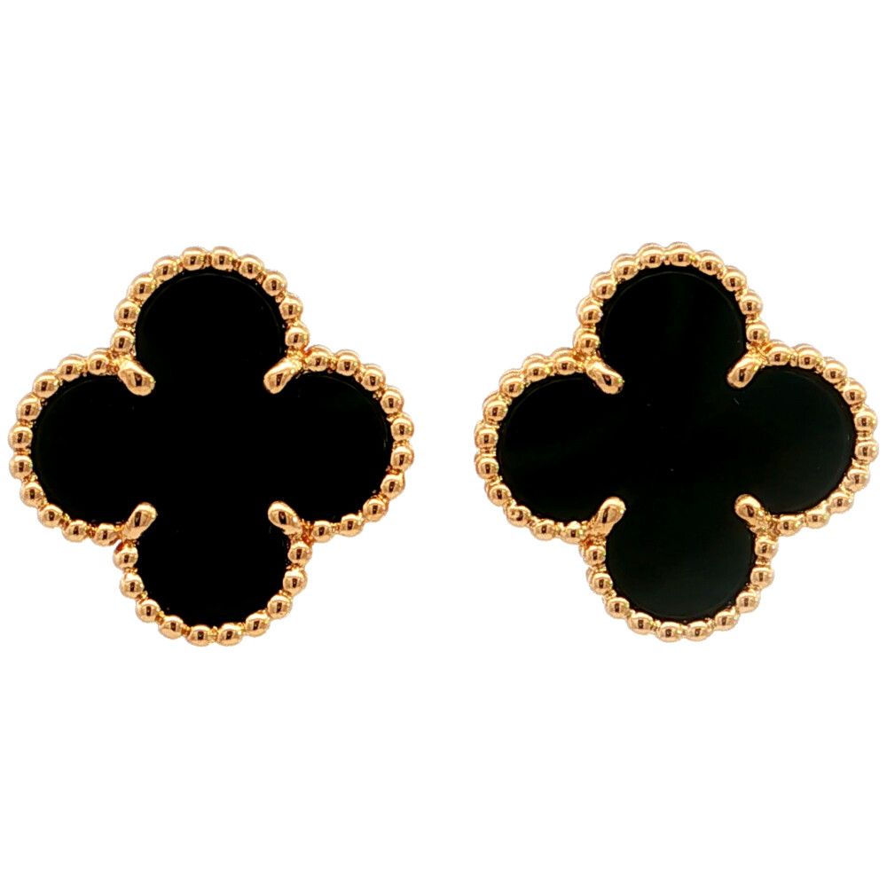 Van Cleef & Arpels Vintage Alhambra Onyx Earrings 18k Yellow Gold