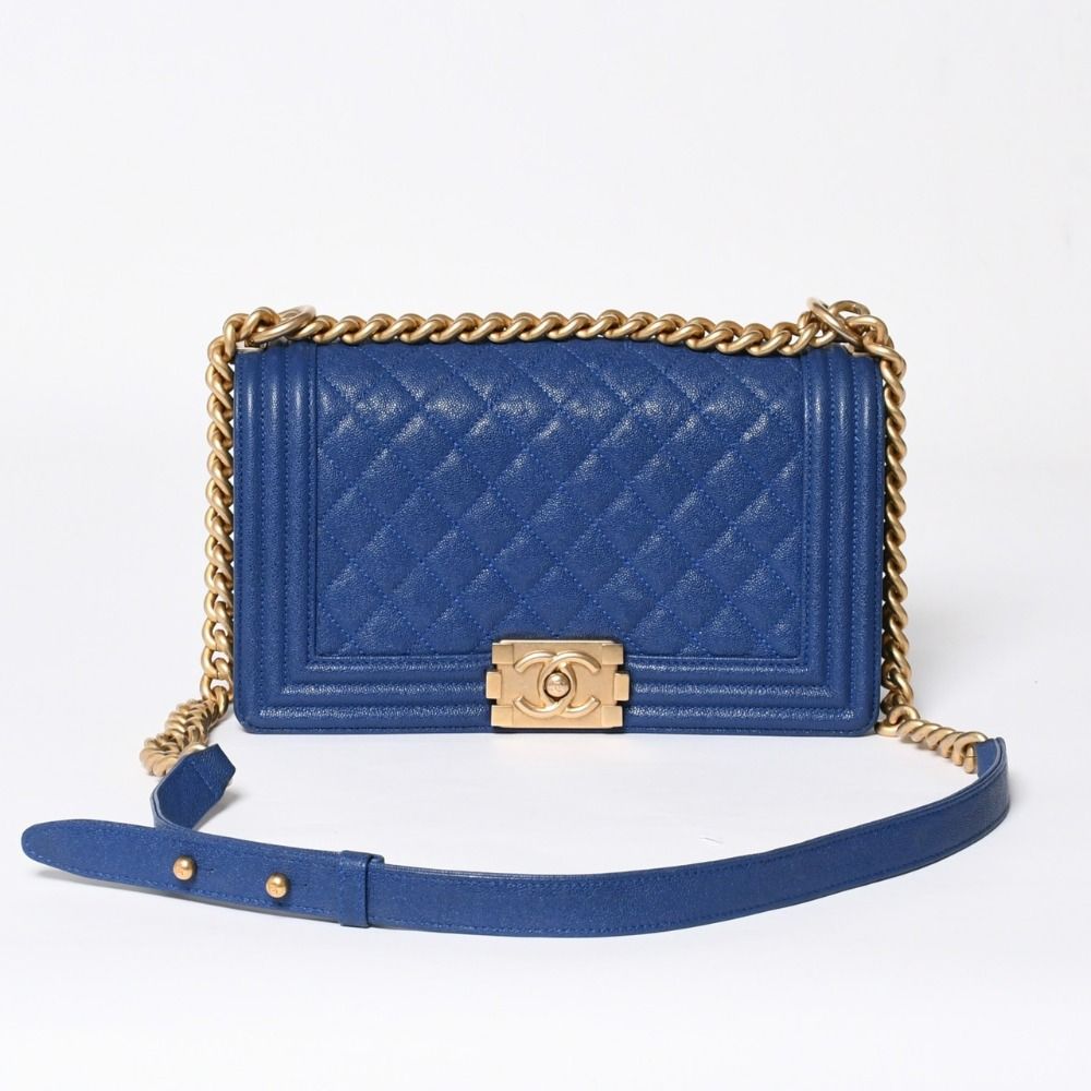 Chanel Boy Chain Shoulder Bag Blue Caviar Leather Gold