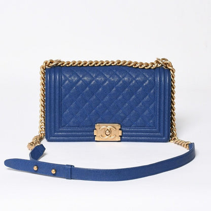 Chanel Boy Chain Shoulder Bag Blue Caviar Leather Gold