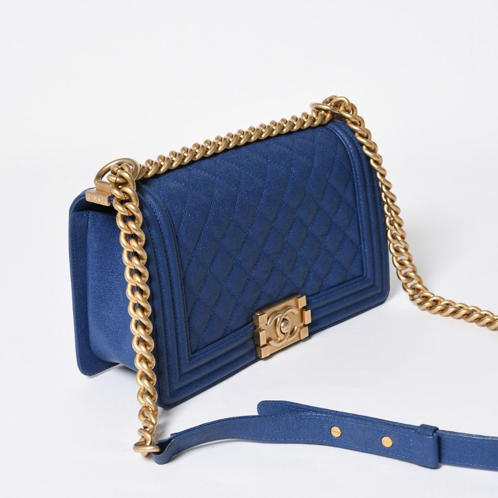 Chanel Boy Chain Shoulder Bag Blue Caviar Leather Gold — view 3