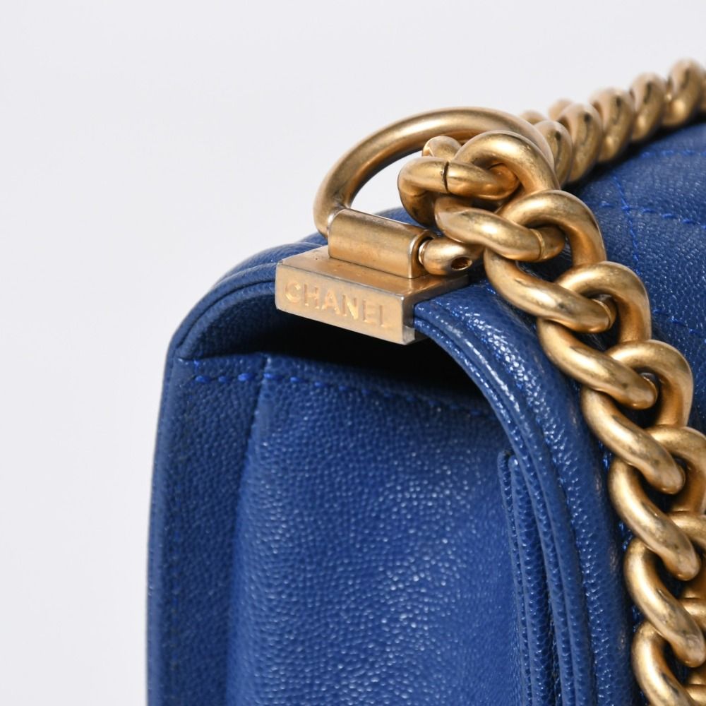 Chanel Boy Chain Shoulder Bag Blue Caviar Leather Gold — view 6