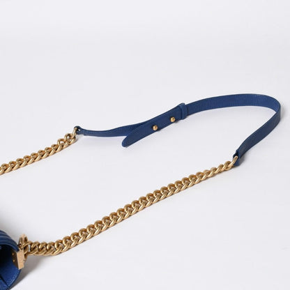 Chanel Boy Chain Shoulder Bag Blue Caviar Leather Gold — view 8