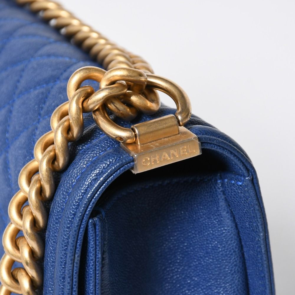 Chanel Boy Chain Shoulder Bag Blue Caviar Leather Gold — view 5