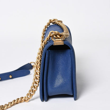 Chanel Boy Chain Shoulder Bag Blue Caviar Leather Gold — view 4