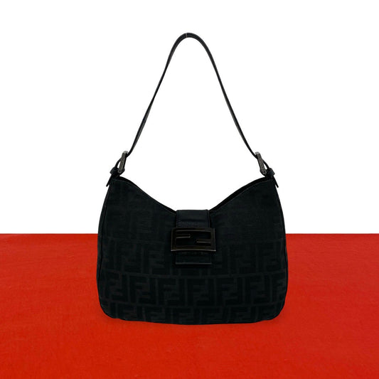 Fendi Zucca FF Logo Pattern Canvas Leather Shoulder Bag Black