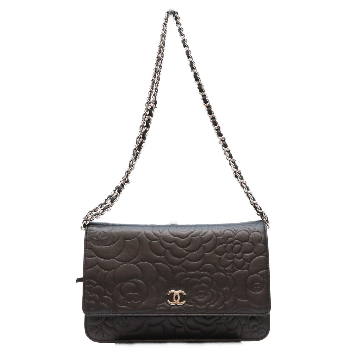 Chanel Black Lambskin Silver Camellia Chain Wallet Shoulder Bag