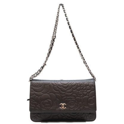 Chanel Black Lambskin Silver Camellia Chain Wallet Shoulder Bag
