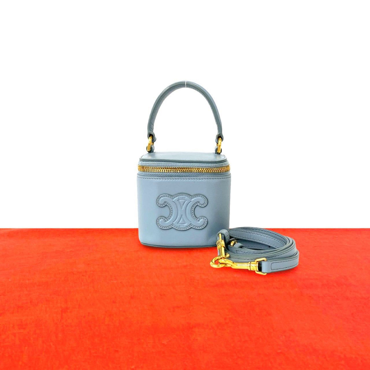 Celine Cuir Triomphe Logo Calf Leather 2-Way Mini Shoulder Bag Vanity Blue