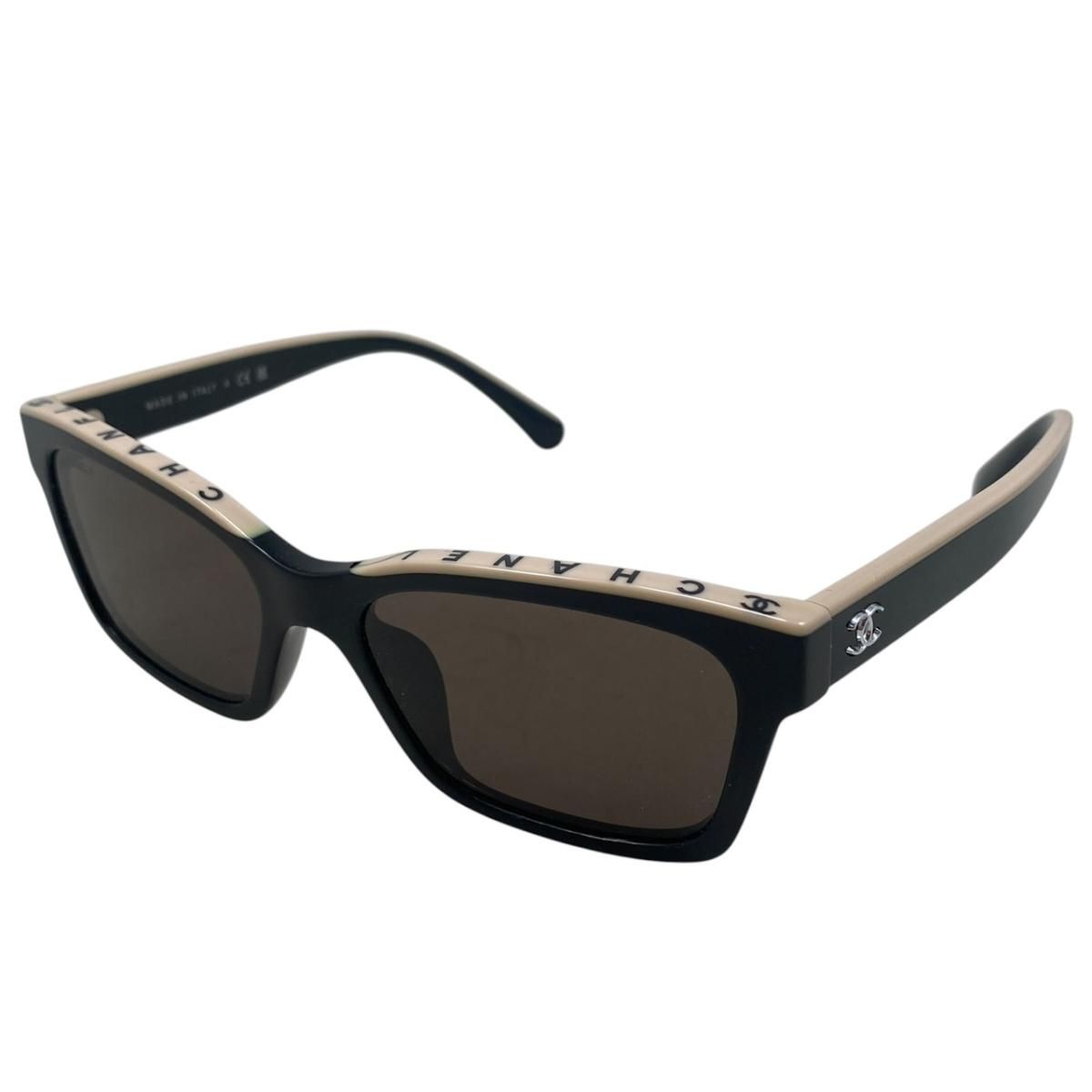 Chanel Sunglasses Square Shape Black White Logo CC Silver Eyewear