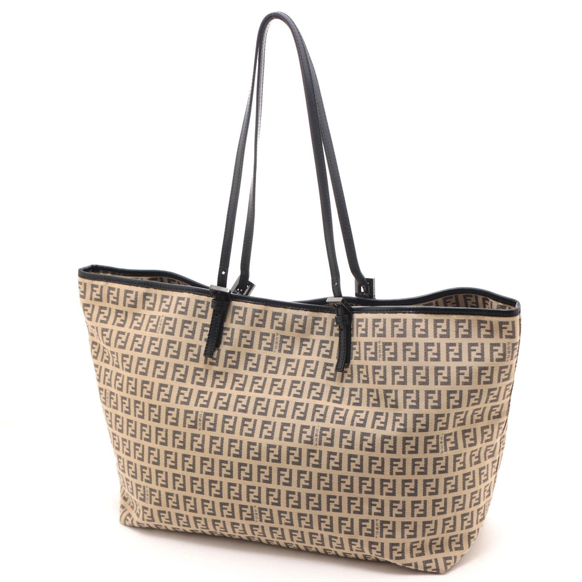 Fendi Zucchino Tote Bag Beige Black Canvas Leather — view 2