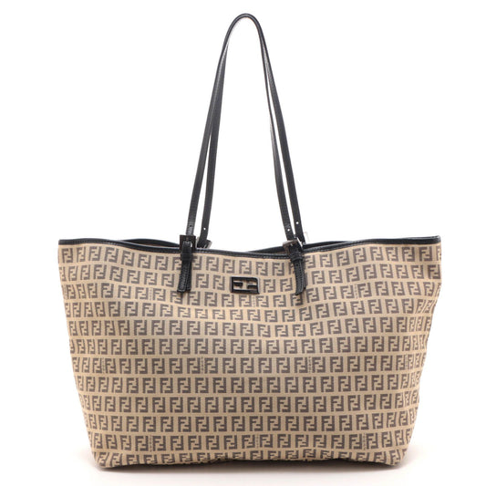 Fendi Zucchino Tote Bag Beige Black Canvas Leather