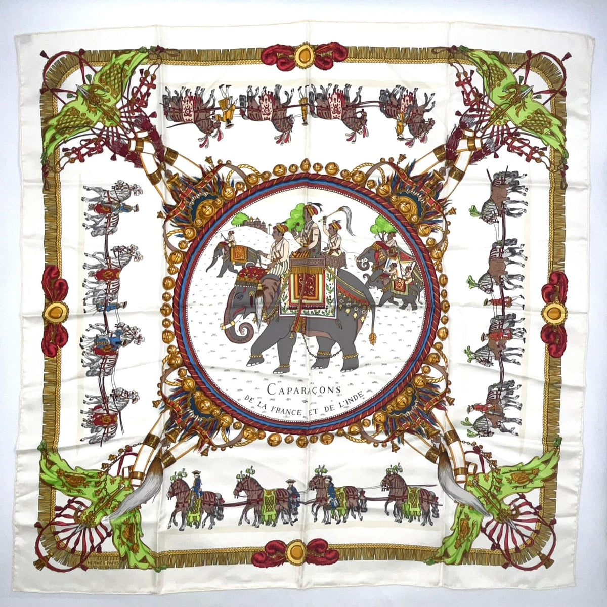 Hermes Caparacons de la France Et de L'inde Carre 90 Silk Yellow White Red Scarf
