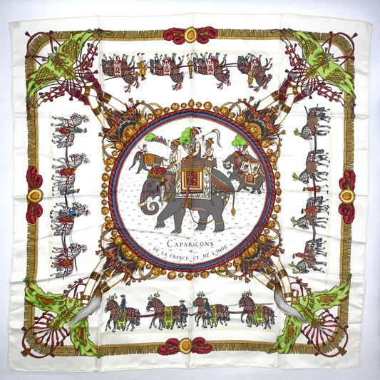 Hermes Caparacons de la France Et de L'inde Carre 90 Silk Yellow White Red Scarf