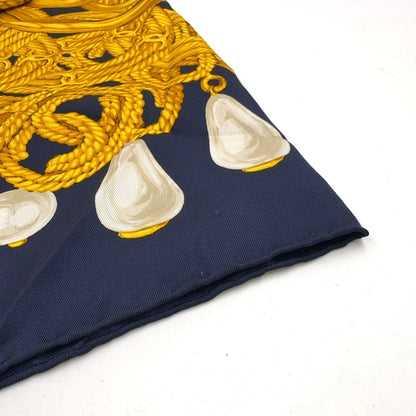 Chanel CC Logo Chain Drop Pearl Silk Navy Scarf — view 6