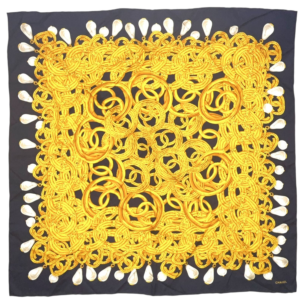 Chanel CC Logo Chain Drop Pearl Silk Navy Scarf