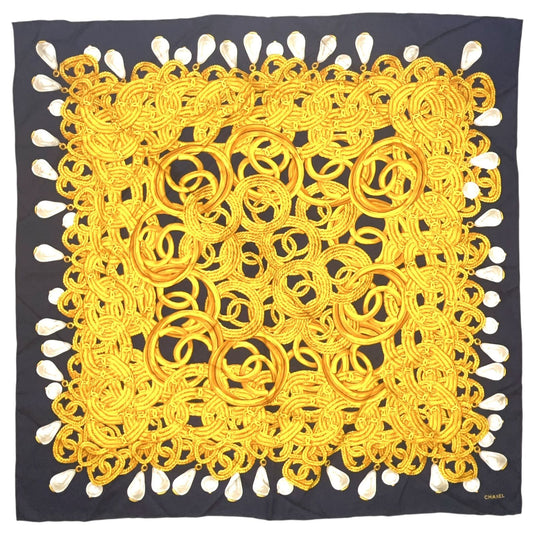 Chanel CC Logo Chain Drop Pearl Silk Navy Scarf