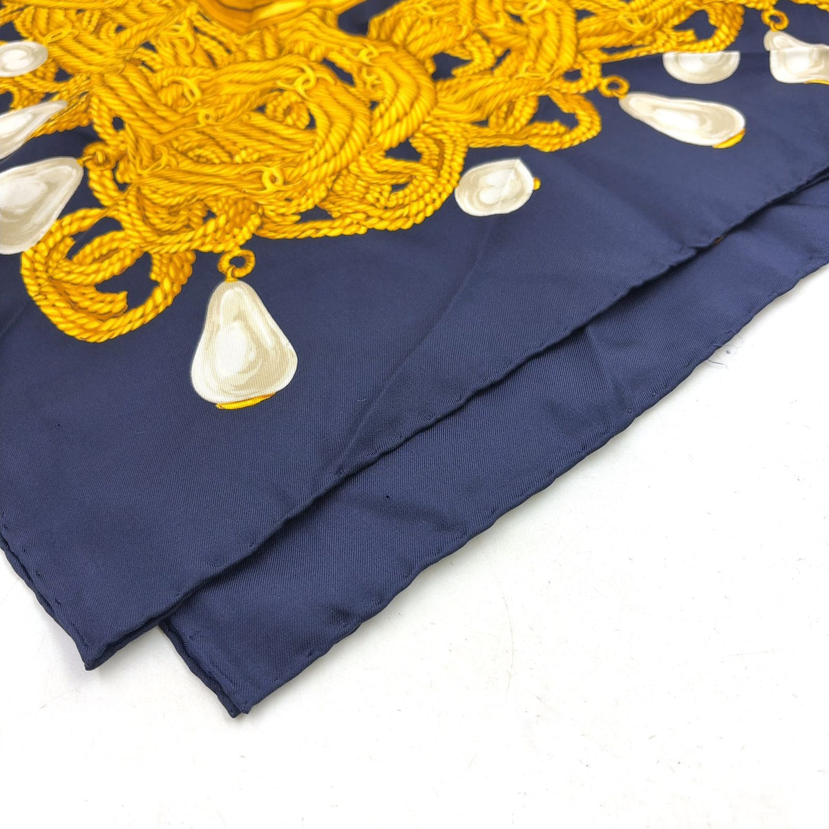 Chanel CC Logo Chain Drop Pearl Silk Navy Scarf — view 5