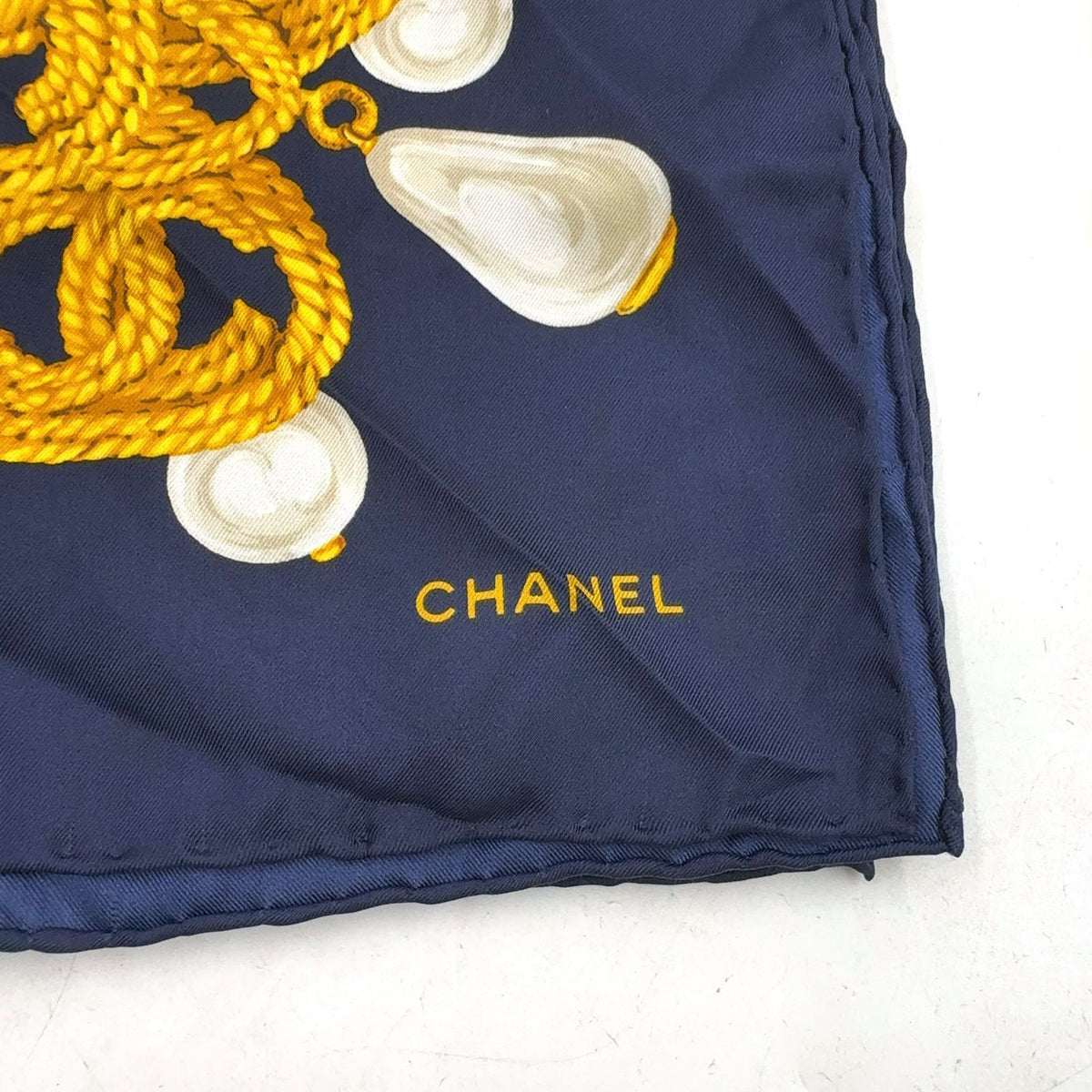 Chanel CC Logo Chain Drop Pearl Silk Navy Scarf — view 2