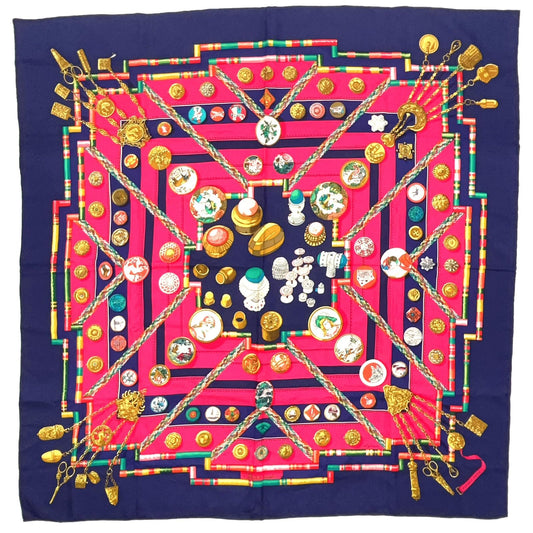Hermes la Sellerie Carre 90 Silk Navy Pink Scarf