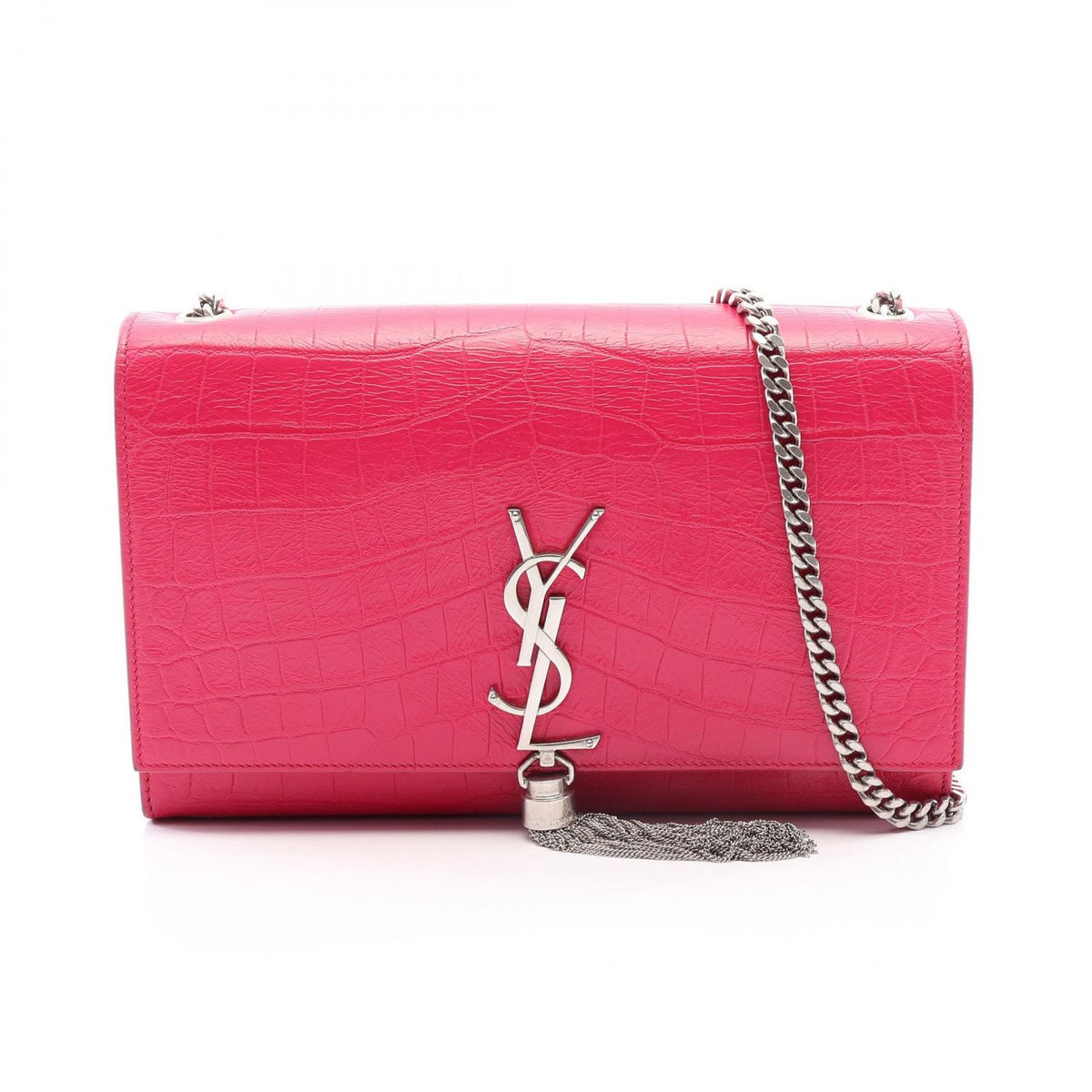 Saint Laurent Paris Shoulder Bag Kate Monogram Croco Embossed Pink Leather