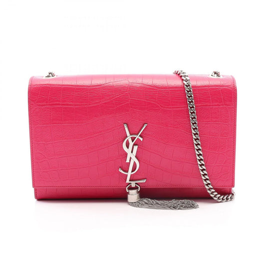 Saint Laurent Paris Shoulder Bag Kate Monogram Croco Embossed Pink Leather
