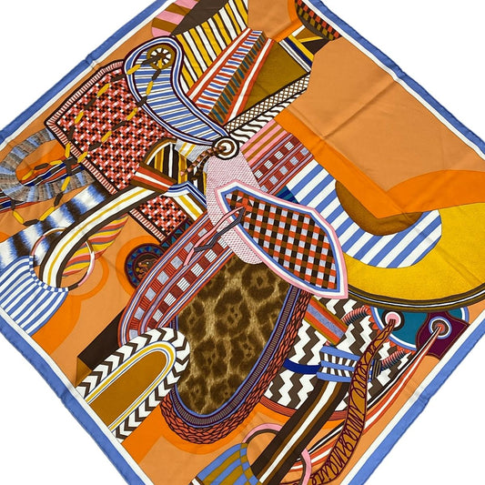 Hermes Scarf Carre 90 Orange Light Blue Multi Imaginary Saddle Silk