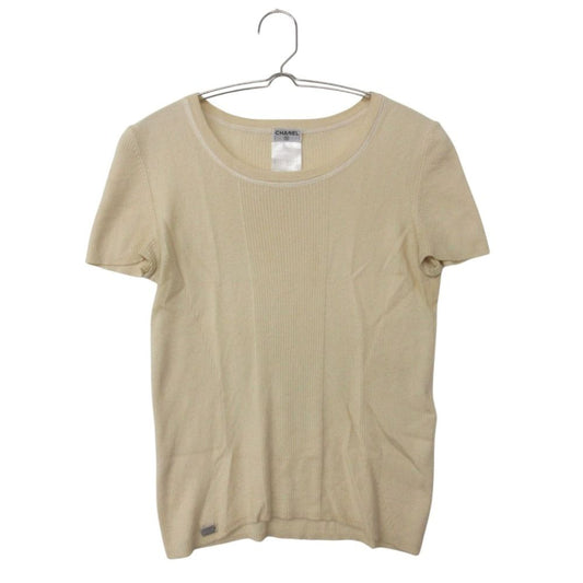 Chanel Knit Logo Plate Cashmere Silk Rib Contrast Short Sleeve Top Light Beige